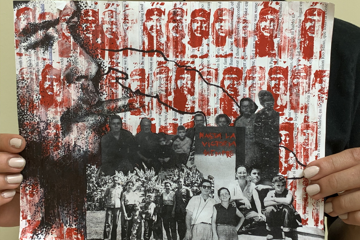 A collage with a red patterned background with black and white cut-outs from photos on top.