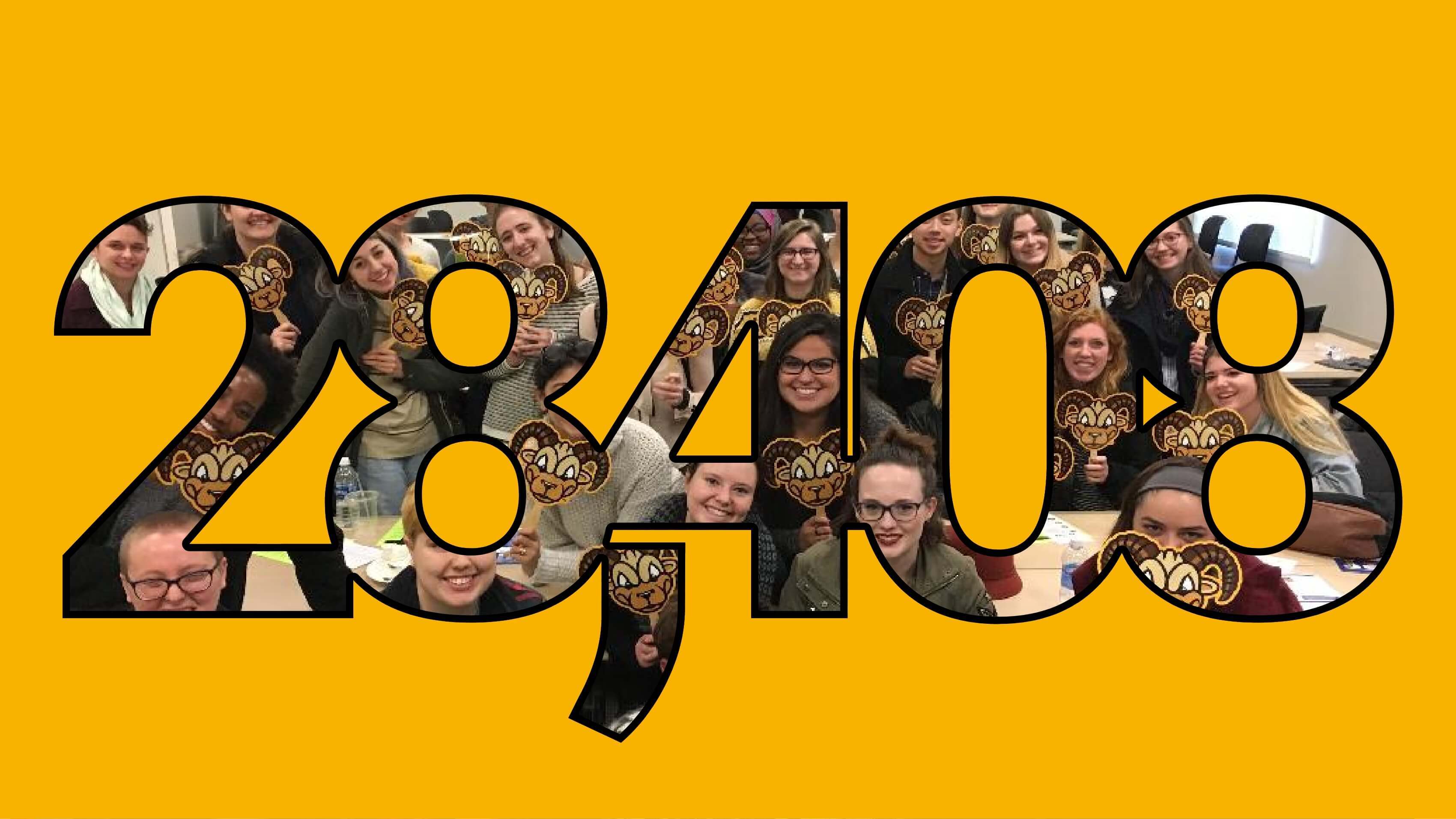 Large graphic image of the nuber 28,408, filled by a photo of smiling VCU students