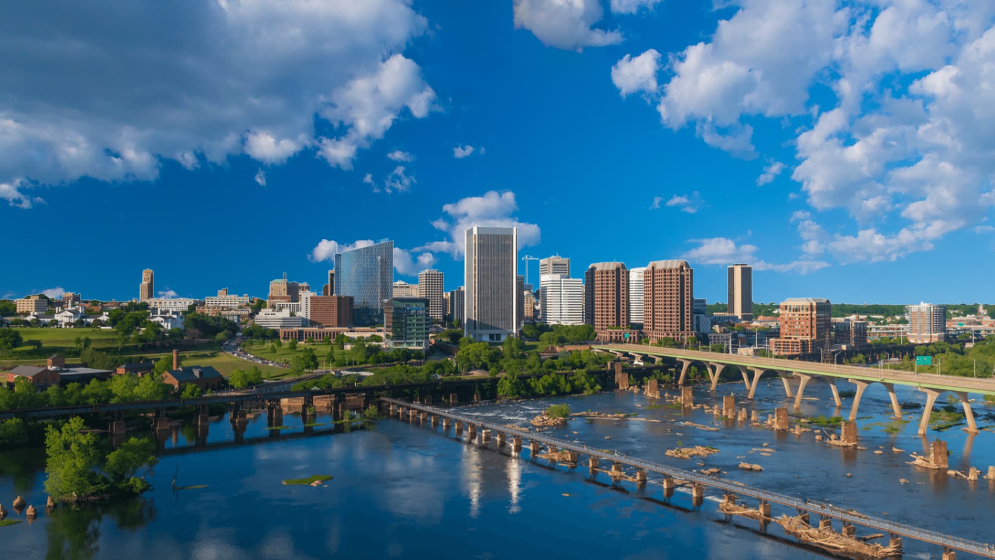 Aerial phtograph of Richmond, Virginia skyline and the James River