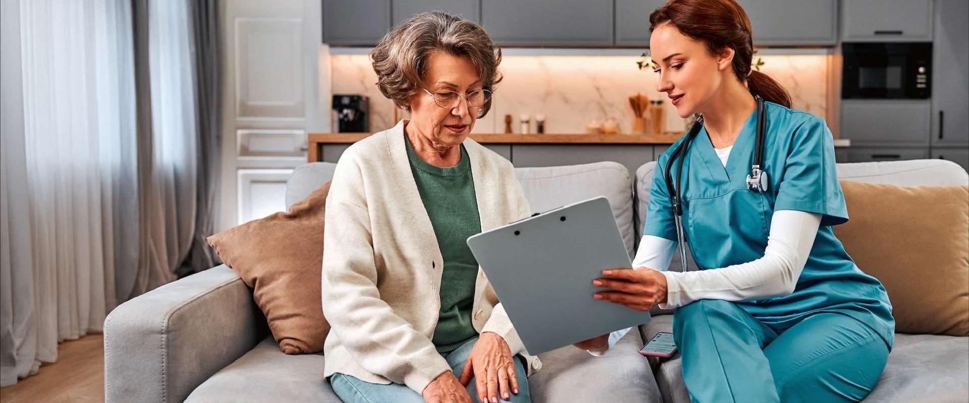 Healthcare professional meeting with elderly individual to review information on a clip board