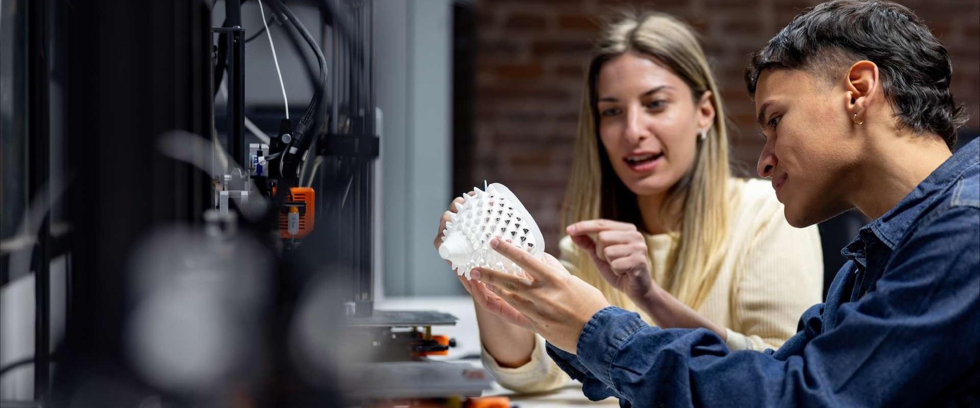 A group of two healthcare individuals review a 3D printed model