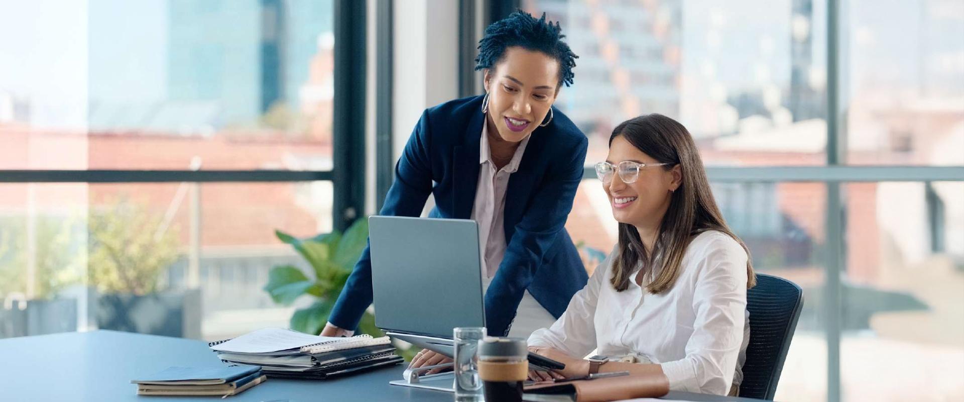 Two accountants work on a laptop and ipad. 