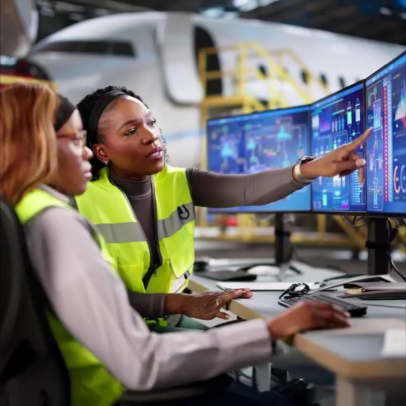 Two engineers sitting together, reviewing data on a large monitor. They are in an airplane hangar, and a plane is visible in the background.