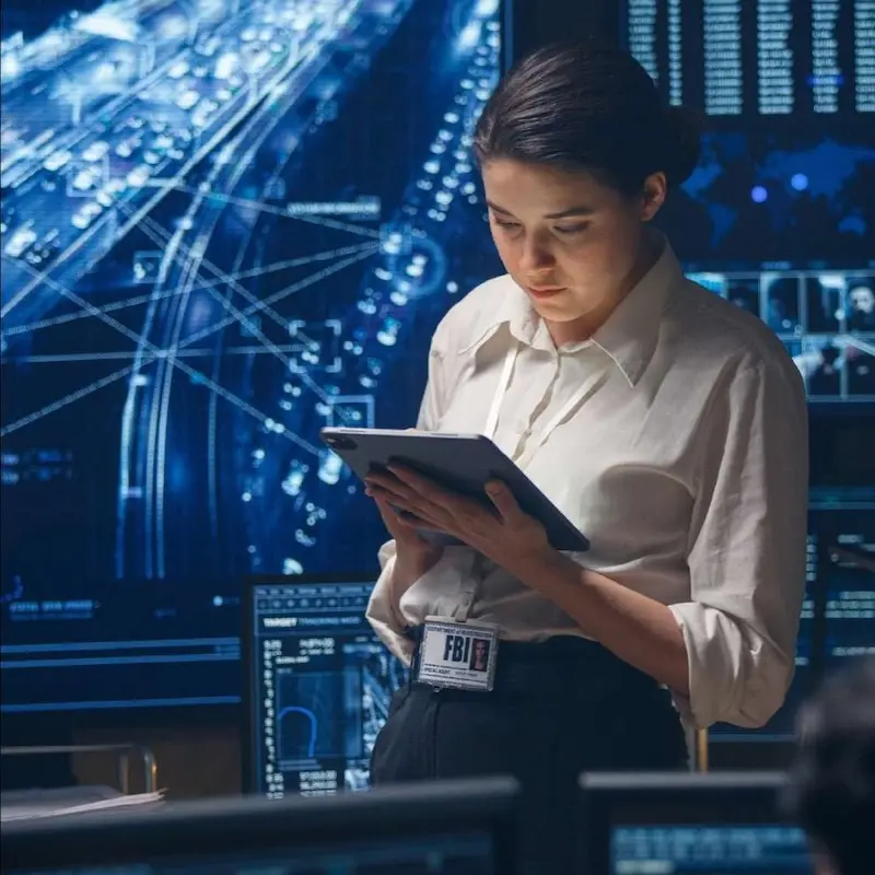 A homeland security professional wearing an FBI badge reviews maps and data