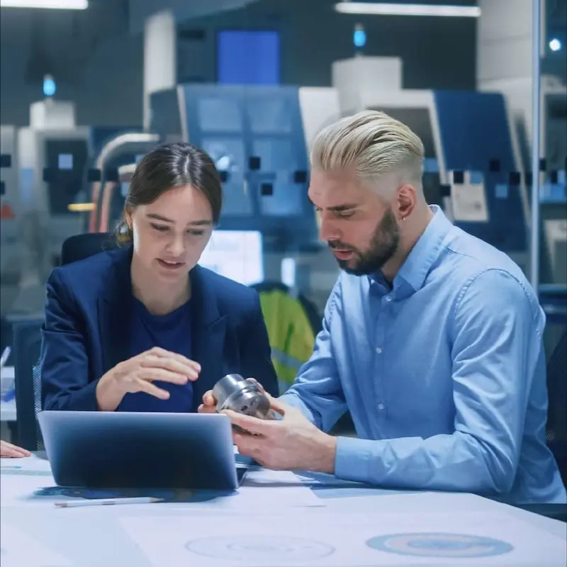 Colleagues sitting at a table, reviewing the contents of a tablet.
