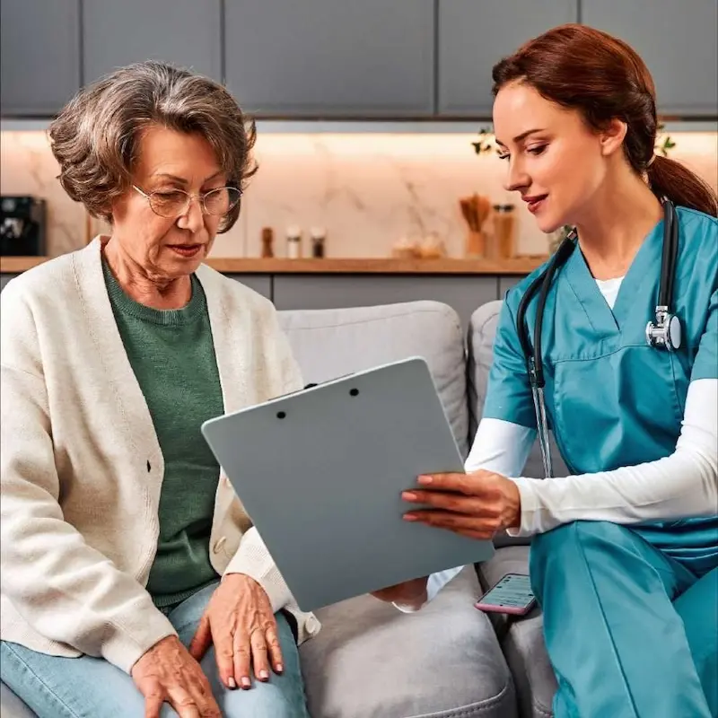 Healthcare professional meeting with elderly individual to review information on a clip board