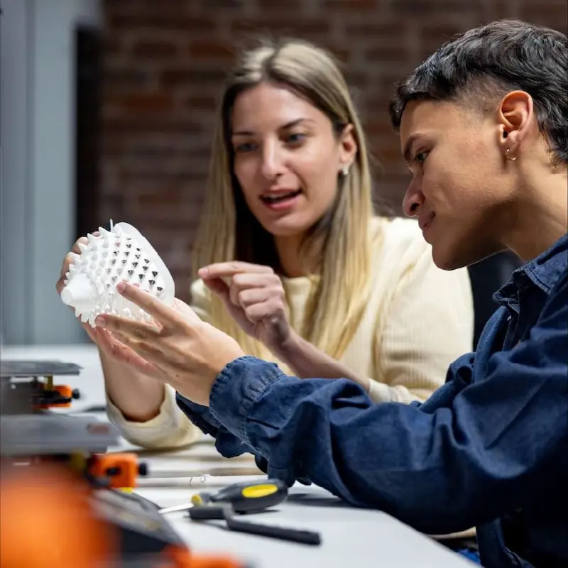 A group of two healthcare individuals review a 3D printed model