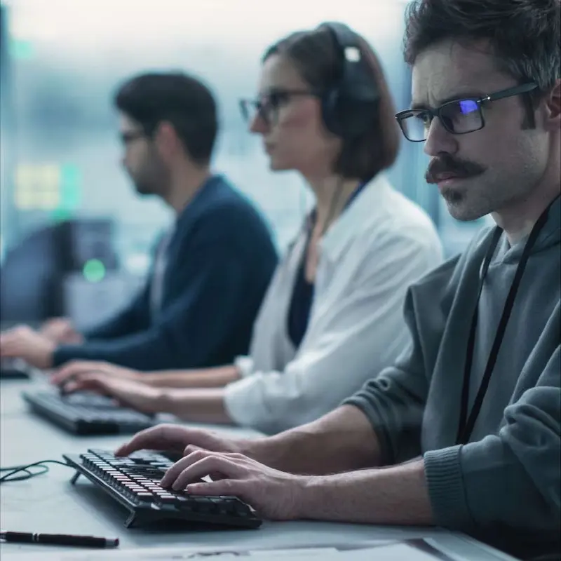 Team of homeland security professionals answering phones at a call center